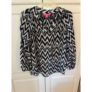 Lilly Pulitzer‎ Black White Zigzag Chevron Print Silk Long Sleeve Blouse Size S